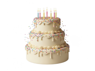White frosted birthday cake with colorful sprinkles and lit candles white frosting