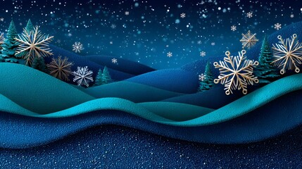 Winter wonderland with snowflakes and pine trees under starry night sky