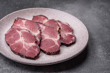 Meat, smoked ham, or pork sausage sliced for breakfast sandwiches. Sliced ham