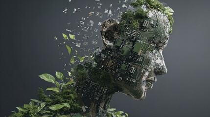 Profile of a human head merging circuit board and foliage, with digital disintegration