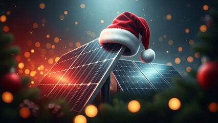Naklejka premium Christmas solar panel with santa hat. Holiday celebration for alternative energy. Sustainable future with green electricity.