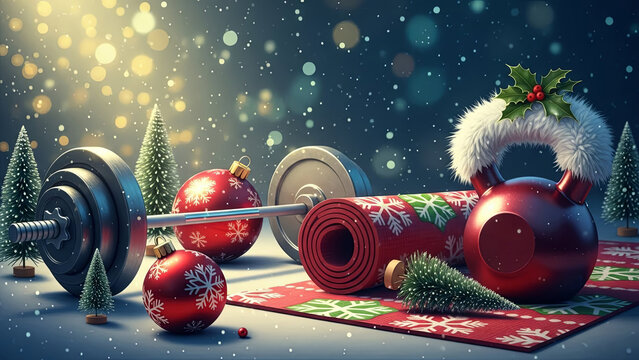 Christmas themed gym equipment, dumbbell, yoga mat, kettlebell with holiday ornaments. Winter fitness workout for Christmas. - Powered by Adobe