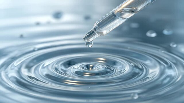 Ultra HD Dropper dispensing liquid creating ripples in clear blue water, closeup macro shot of cosmetic serum or essence drop falling video