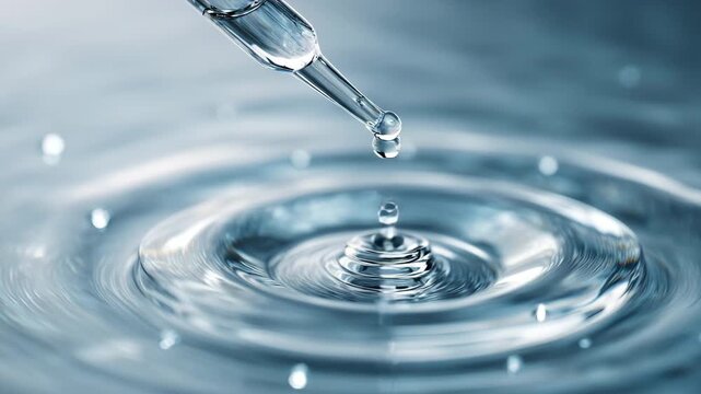 Ultra HD Closeup of a glass dropper dispensing a drop of clear liquid, creating ripples on the water surface, macro shot, blue tones video