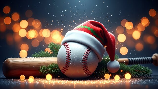 Baseball with Santa hat, bat and pine branch on Christmas. Holiday sport. Festive baseball season concept for greeting card.