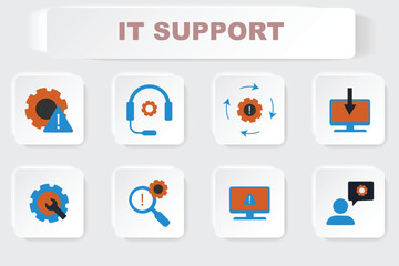 Modern IT Support and Technical Service Icons Set Illustrating Digital Helpdesk Operations and Troubleshooting Solutions