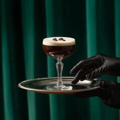 hand holding a tray with espresso martini