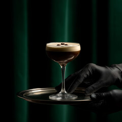 hand holding a tray with espresso martini