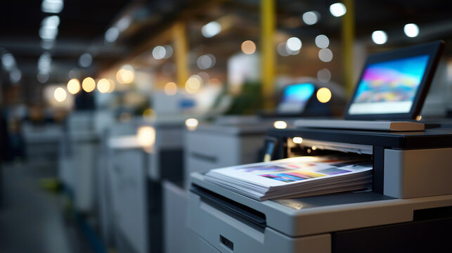Printing facility equipment visualization heavily defocused background commercial printing setup graphic production machinery publishing industry infrastructure with copy