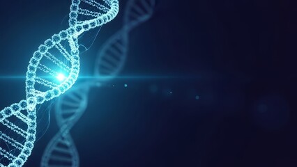 Abstract visualization of a glowing blue DNA double helix structure against a dark, futuristic background with light particles and lens flares, representing science and genetics.