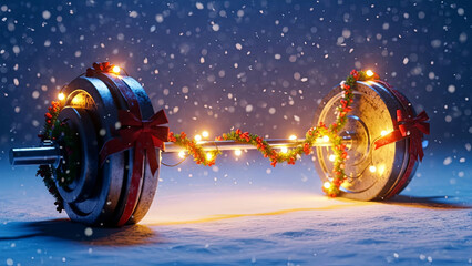 Fototapeta na wymiar Christmas decorated barbell on snow. Concept of holiday fitness and unique gym gift for winter season. Winter workout equipment.