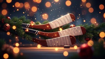 Set of three hockey sticks adorned with Christmas garland and festive ornaments. Sports themed holiday celebration for winter.
