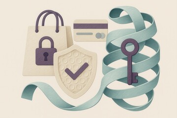 Secure online shopping with a focus on privacy featuring protective symbols such as a padlock credit card and shield representing safe transactions and digital security measures