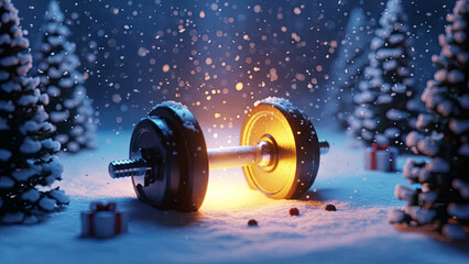 Obraz premium Dumbbell on snow in a winter Wonderland, surrounded by Christmas trees and falling snow. Christmas spirit for fitness and workout.