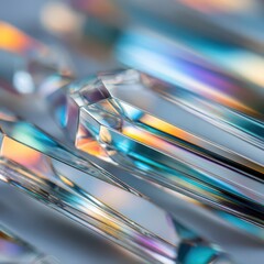Clear faceted crystals showing iridescent light reflections