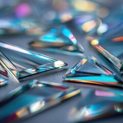 Shattered glass pieces scattering iridescent light reflections