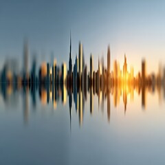 City skyline reflecting vibrant sunset light on water