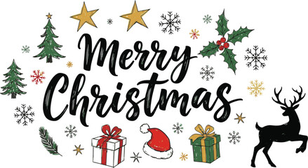 Merry Christmas hand drawn lettering with reindeer and holiday elements Vector festive illustration with gifts santa hat and snowflakes