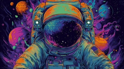 Psychedelic astronaut portrait with universe reflection, surrounded by planets