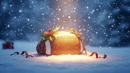 Fototapeta premium American football in snow with holly decor and gift box. Winter sport event or Christmas present concept for holiday season.