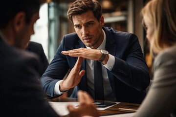 Serious businessman explaining with hand gesture during meeting, negotiation and conflict resolution in office.