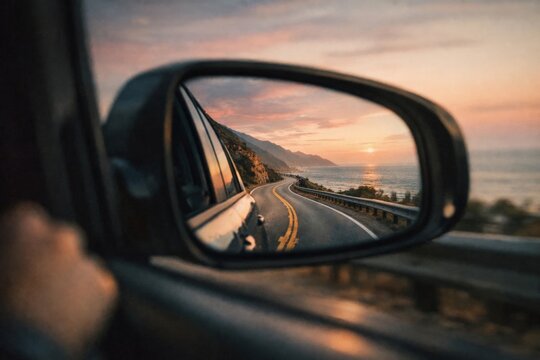 Scenic coastal road seen through car side mirror during sunset drive by the ocean.