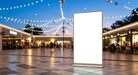 Blank advertising billboard in a shopping mall at night, illuminated by festive lights, offering a versatile space for promotional content