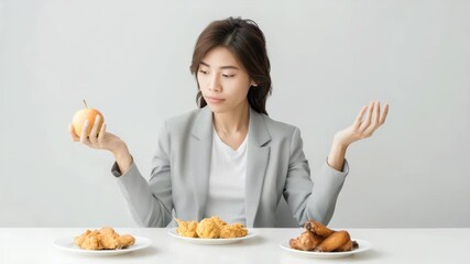 A woman deliberates between an apple and fried dishes, reflecting on health versus taste preferences and choices