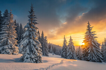 christmas winter sunset in the forest