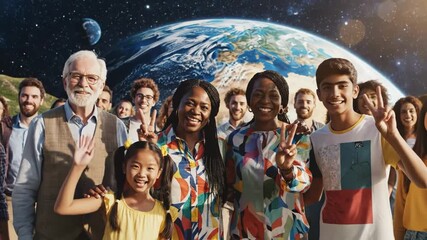 Diverse group of happy people standing together with earth and moon in space background
