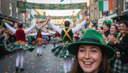 Cheerful woman in green hat smiles at camera during lively Saint Patrick Day parade with dancers and flags on historic cobblestone city street
