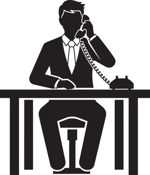 Man sitting at a desk and making a phone call, black and white silhouette icon