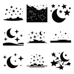 starry sky silhouette icon set