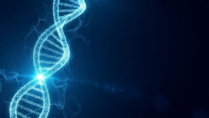 Close-up of a glowing blue DNA double helix structure against a dark, blurred background with light flares, highlighting the intricate beauty of genetic code.