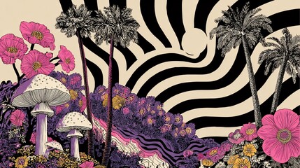 Psychedelic landscape with mushrooms, palms, & flowers against a swirling sun