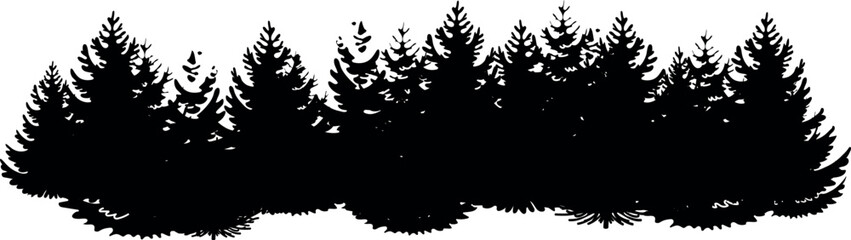 Black silhouette of a spruce forest isolated on white background