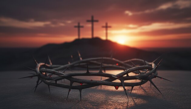A crown of thorns lies in the foreground with droplets of red against a dramatic sunset sky as three crosses stand on a distant hill evoking a solemn symbol of sacrifice and reflection
