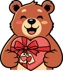 Adorable brown bear holding heart shaped gift on Valentine's Day