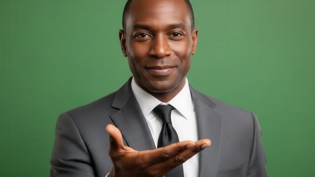 Confident professional man in formal attire presenting with open hand gesture against green