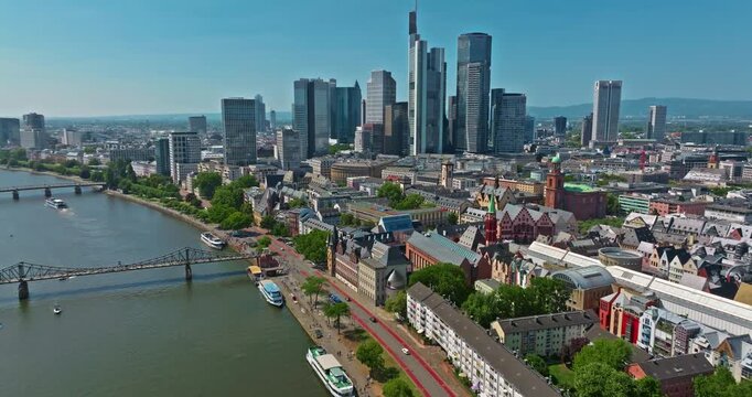 Aerial view of the skyline of Frankfurt, Germany, river Main and the financial skyscrapers 