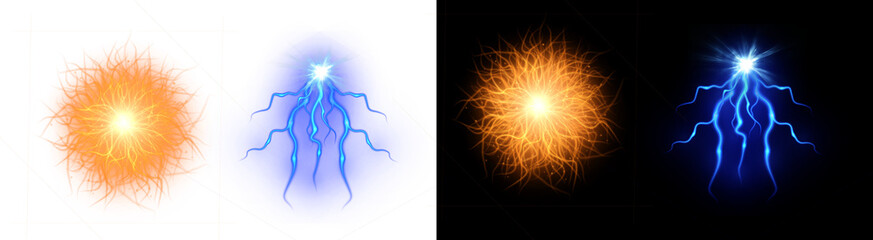 PNG image of Collection of glowing energy orbs and bright blue lightning bolt effects on black backgrounds for design on transparent background