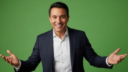 Confident businessman smiling with open arms against vibrant green background