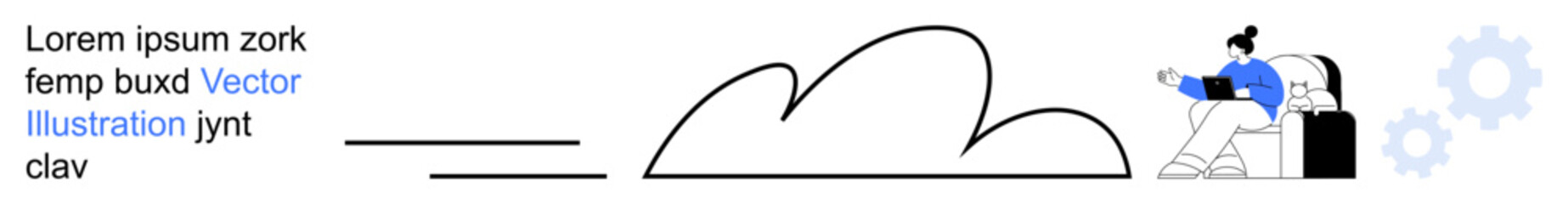 Cloud computing, remote work, technology, digital storage, data transfer, workplace innovation. A person working with a laptop near a cloud and gear symbols. Cloud computing and remote work concept