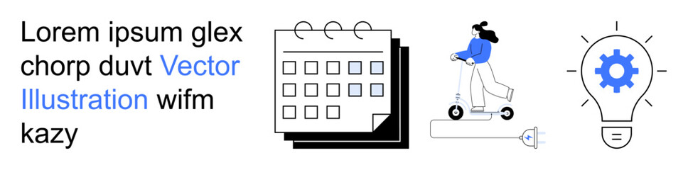 Time management, transportation, innovation, daily planning, creative thinking, mobility solutions. Calendar, person on an electric scooter and light bulb with a gear inside. Time management