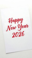 Happy new year 2026 red cursive text on white paper greeting card
