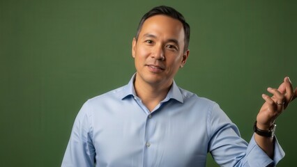 Confident male professional with friendly expression in casual pose against a green background