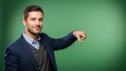 Confident professional man pointing downward with a subtle smile against a green screen background