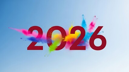 2026 numbers with colorful powder explosion against blue sky background