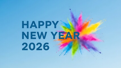 Happy new year 2026 with colorful powder splash on blue background