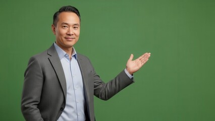 Confident professional man presenting in front of a green screen with inviting gesture and